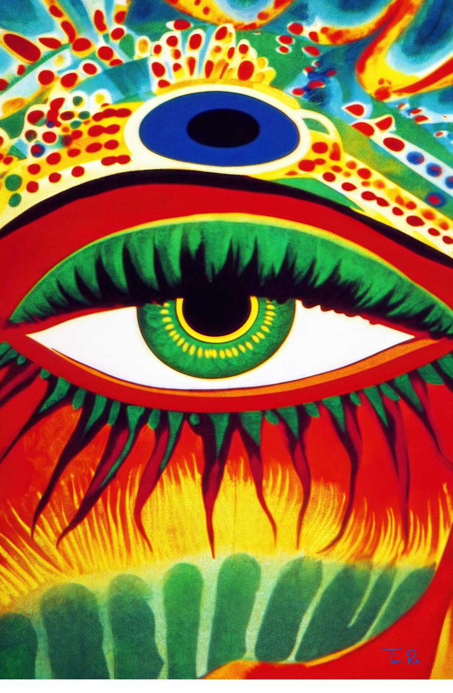 Auge des Ra: ornamentales, farbintensives Auge in amazonisch-altägyptischer Bildsprache