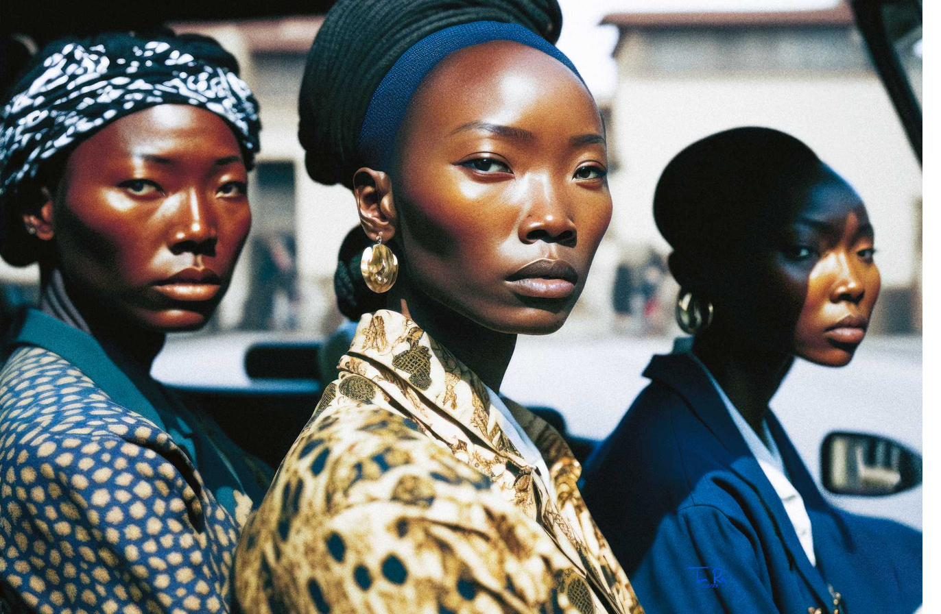 Black Lotus Warriors: drei afroasiatische Kriegerinnen in gemusterter Kleidung blicken entschlossen — KI-Bildserie