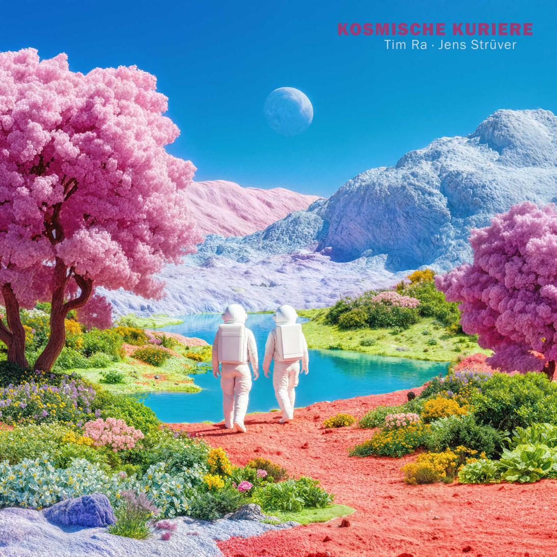Albumcover Kosmische Kuriere: zwei Astronauten wandern durch eine rosa-türkise Traumlandschaft