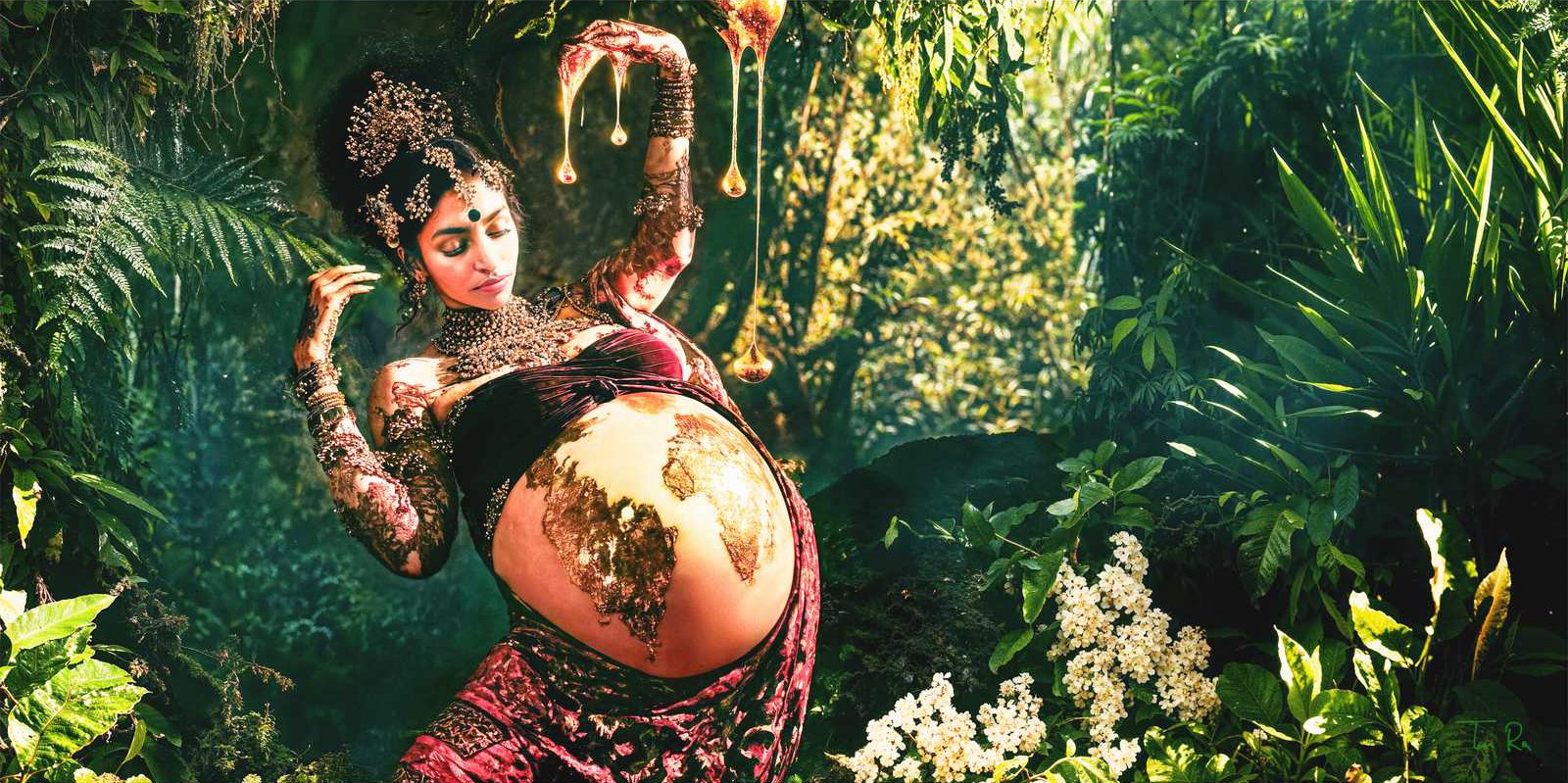 Mother Earth: eine tanzende schwangere Frau, ihr Bauch eine goldene Weltkugel, umgeben von Regenwald — KI-Kunstwerk