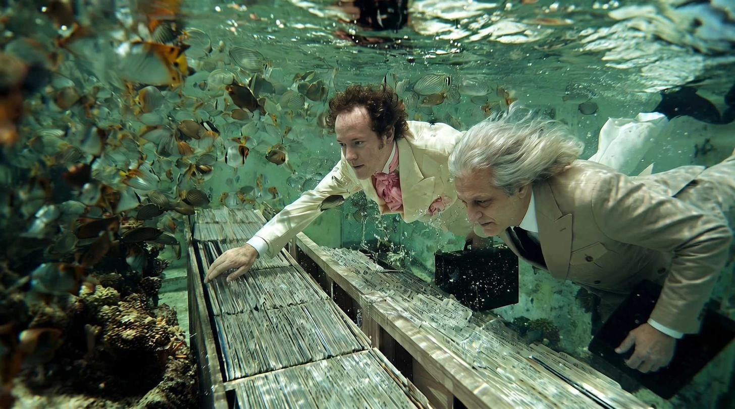 Filmstill aus Wasser des Lebens: zwei Männer im Anzug bergen unter Wasser eine Schallplatte aus einem versunkenen New York