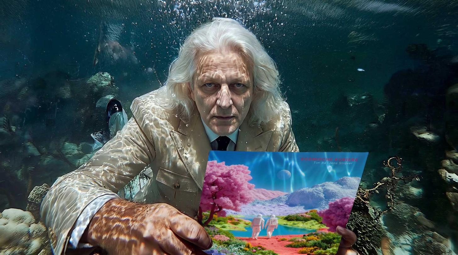 Filmstill aus Wasser des Lebens: ein Mann mit weißem Haar unter Wasser, in der Hand ein leuchtendes Bild einer rosa Traumlandschaft